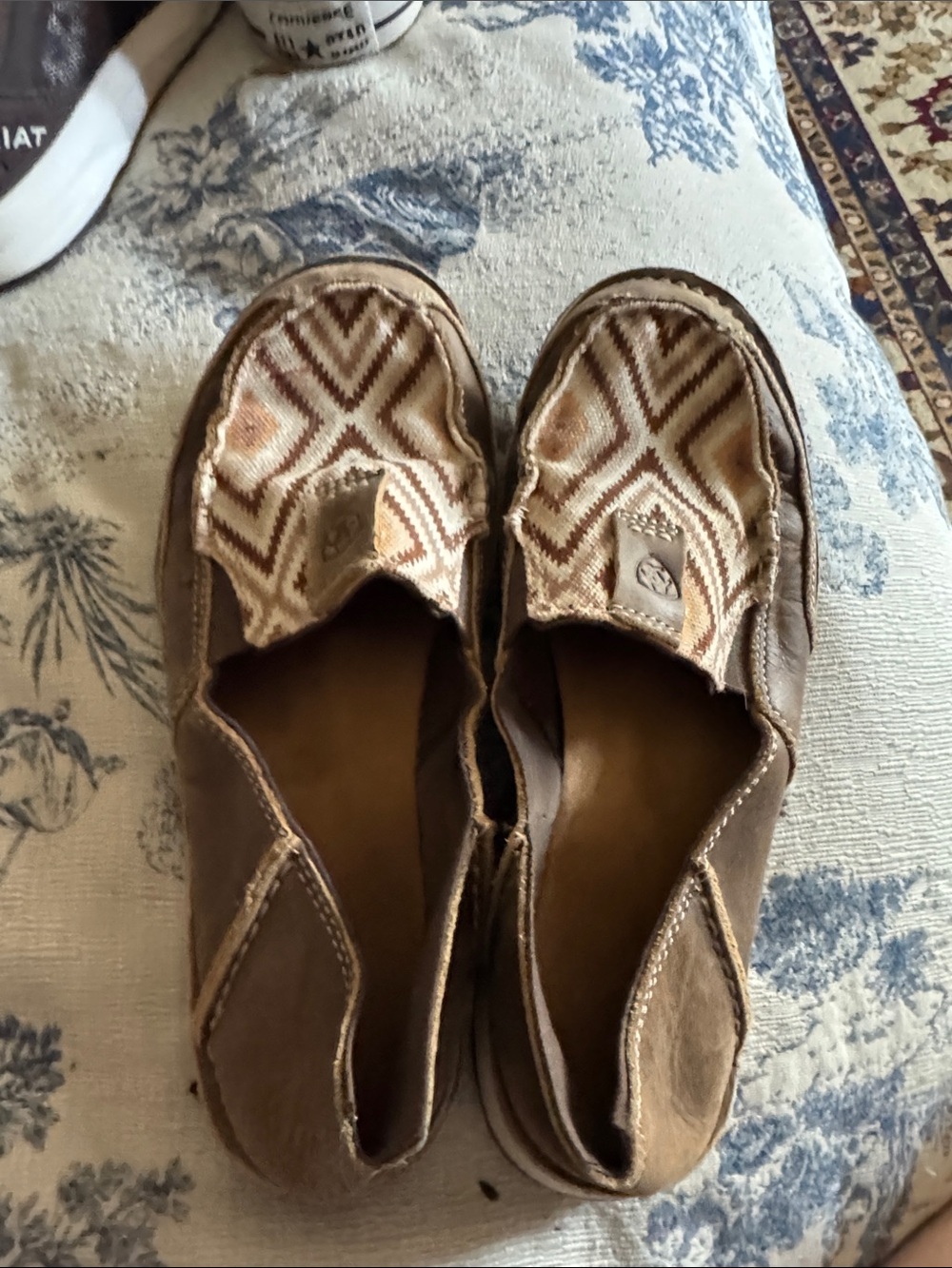 Ariat Brown Slip-On Moccasins with Geometric Fabric Vamp